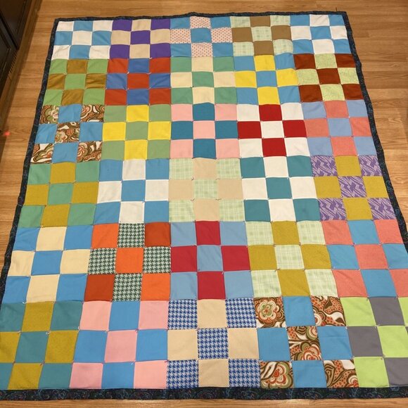 Block Square Quilt Colorful Homemade 80X66 Blanket - Picture 1 of 8
